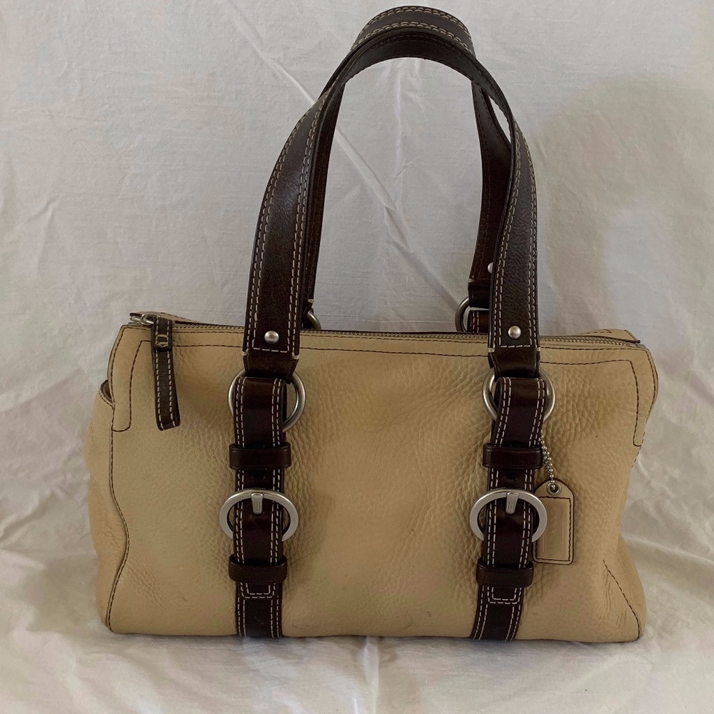 Coach Tan/Black Leather Buckle Satchel